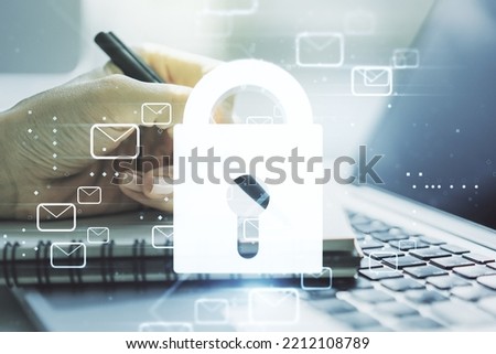 Creative light lock illustration with postal envelopes and hand writing in diary on background with laptop, cyber security and email protection concept. Multiexposure