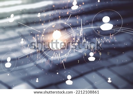 Double exposure of abstract virtual social network icons on blurry metal background. Marketing and promotion concept