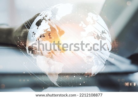 Multi exposure of abstract graphic world map and hands typing on computer keyboard on background, big data and networking concept