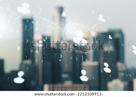 Double exposure of abstract virtual social network icons on blurry cityscape background. Marketing and promotion concept