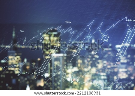 Multi exposure of virtual abstract financial graph interface on blurry skyscrapers background, financial and trading concept