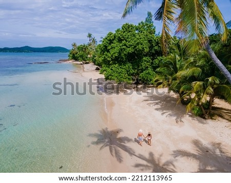 Tropical beach with palm trees, a couple of men and women on vacation at a tropical Island in Thailand Koh Mak. turquoise colored water and palm trees at a tropical island, drone aerial view Royalty-Free Stock Photo #2212113965