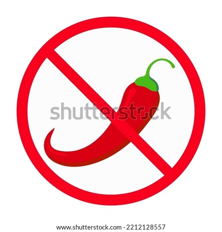 Spicy chilli pepper in avoid red crossed circle vector icon isolated on white background. No spicy  food clip art image. Flat design cartoon style  illustration. 