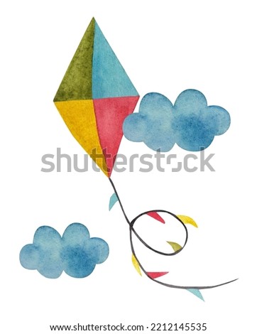 Flying kite among the clouds. hand drawn illustrationwatercolor