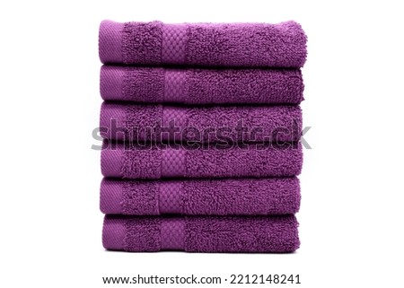 Purple Pack of 6 Hand Towel Set Stack Isolated. Close-Up Shot Woven Terrycloth. Six Piece Ultra Absorbent Terry Hand Towel Royalty-Free Stock Photo #2212148241