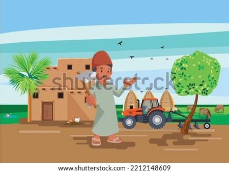 An Egyptian peasant standing in front of his country house carrying an ax and behind him an agricultural land and some animals  Royalty-Free Stock Photo #2212148609