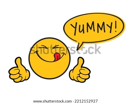 Yummy smile emoticon, happy smiling face while tasting delicious food, saying ‘yummy!’, with both thumbs up. Cartoon style vector illustration, isolated on white. Royalty-Free Stock Photo #2212152927