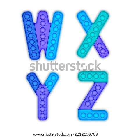 Children's blue pop it alphabet. A set of realistic antistress pop it toys in the form of an letters.