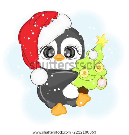 Christmas cute penguin with a Christmas tree, vector illustration