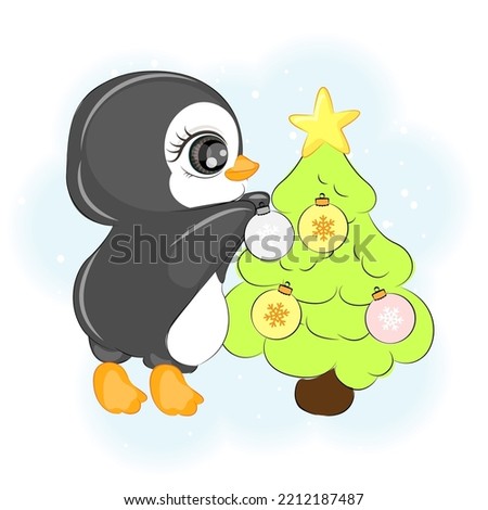 Christmas cute penguin with a Christmas tree, vector illustration