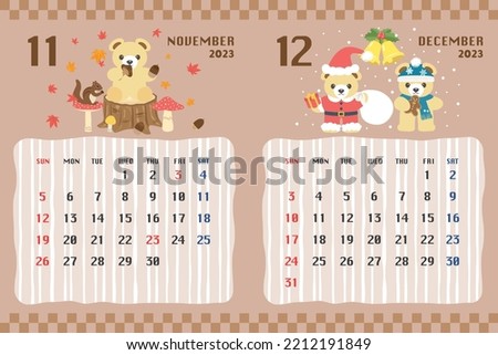Cute bear's calendar template for 2023 year with Japanese events. November, December.