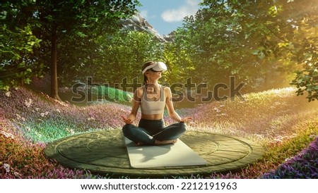 Young Athletic Woman Wearing VR Headset, Practising Meditation in Futuristic Way. Her Consciousness is Transformed into Beautiful and Peaceful Forest. Wellbeing and Mindfulness Concept. Royalty-Free Stock Photo #2212191963