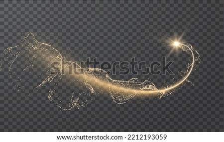 Golden shiny energy arc line effect with magic dust particles effect flying around. Light in motion drawing Vector eps background.