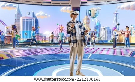 Young Creative Female Wearing a Virtual Reality Headset at Home. She Enters Digital Internet 3D Universe with Avatars. Next Generation Immersive Social Media Online Metaverse Platform. Royalty-Free Stock Photo #2212198165