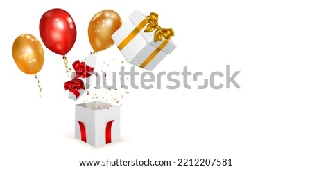 Festive illustration with white gift boxes with colored ribbons and bows, pieces of serpentine and balloons fly out of it
