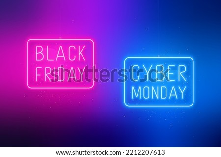 Black Friday, Cyber Monday banner. Hanging sale signboards on pink and blue bright background. Modern design with neon elements. Royalty-Free Stock Photo #2212207613
