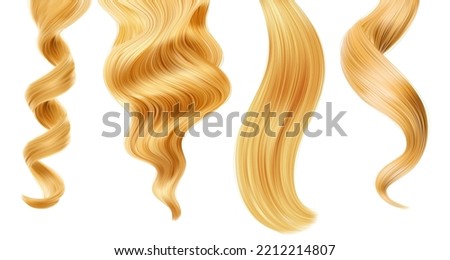 Shiny blond woman hair strand, curl. Straight, curly ponytail hairstyle. Haircut, hair care and beauty salon vector 3d, realistic locks of long wavy blonde hair with smooth texture, shining surface Royalty-Free Stock Photo #2212214807