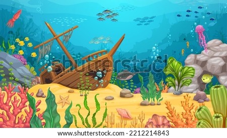 Cartoon underwater landscape with sunken sail ship, vector undersea game level. Shipwreck or pirate frigate wrecks under water of deep sea coral reef with fishes, octopus or jellyfish in ocean seaweed Royalty-Free Stock Photo #2212214843