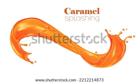 Caramel sauce, syrup swirl wave splash, candy cream or sweet toffee flow, realistic vector. Caramel or melt sugar splash with spill drops, liquid dessert or orange juice and honey flowing pour