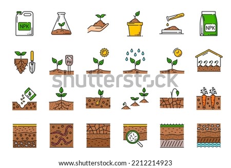 Color ground soil, agriculture and agronomy line icons, vector organic plant seedling. Garden seeds grow in earth, eco farm land and ground soil cultivation, farming and agrarian linear icons Royalty-Free Stock Photo #2212214923