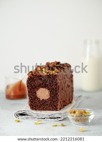 Travel Cake or Tube Cake or Voyage Cake filled center tube ganache and topped chocolate icing and pistachio. Chocolate loaf cake with chocolate cream-cheeese filled center. Copy space. Vertical