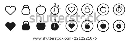 Healthy lifestyle icons. Healthy heart, sports, nutrition and sleep. Vector illustration