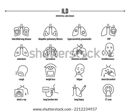 ILD, Interstitial Lung Disease symptoms, diagnostic and treatment icon set. Line editable medical icons. Royalty-Free Stock Photo #2212234937