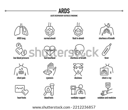ARDS, Acute Respiratory Distress Syndrome symptoms, diagnostic and treatment icon set. Line editable medical icons. Royalty-Free Stock Photo #2212236857