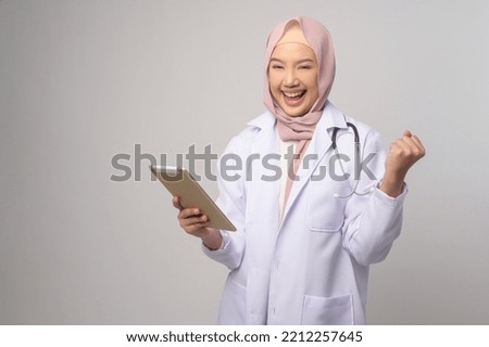 A Portrait of muslim female confident doctor over white background studio, healthcare and Medical technology concept.