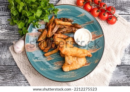 Fish and Chips, Fish and Chips snack on a wooden white background