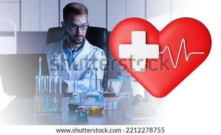 Treatment of cardiovascular diseases. Man doctor sits at table with test tubes. Laboratory worker. Doctor cardiologist works with reagents. Heart symbol next to cardiologist. Cardiologist man career