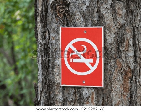 Red NO SMOKING sign on tree outdoors. Rules of conduct and safety in public park.  