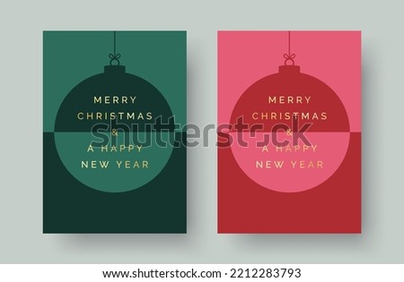 Merry Christmas and Happy New Year Set of greeting cards, holiday cover, invitation template. Modern Christmas bauble design with gold text. Minimalist vector template set for Christmas cards.