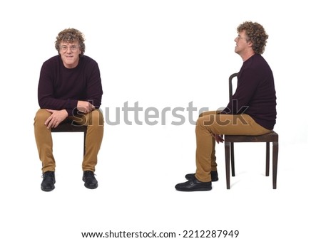side and front view of same man sitting on chair on white backgound