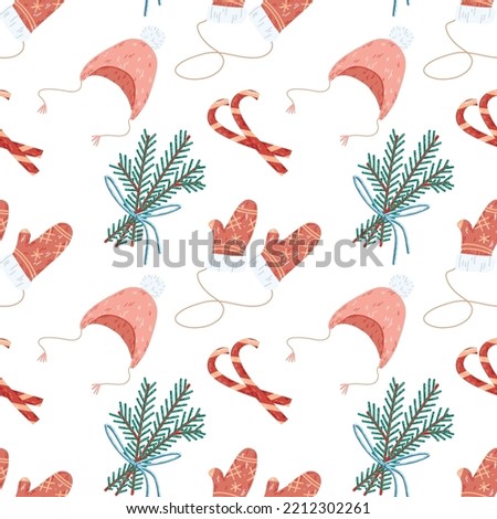 new year vector endless pattern. elements hat with earflaps, sprigs of pine needles, mittens, candy cane