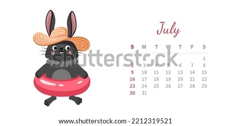 July 2023 calendar page horizontal template. Cute bunny in straw hat with swimming ring. Rabbit, chinese symbol and mascot of new year. Week starts on sunday. Vector illustration.