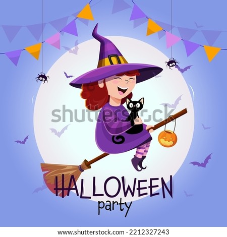 Halloween invitation , witch on a broom with a cat , vector graphics
