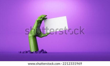 3d render, green zombie hand holds blank card and shows out of the ground, Halloween clip art isolated on purple background