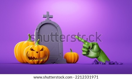 3d illustration, grave stone pumpkin jack lantern and scary green zombie hand shows direction with index finger, shows out of the ground, Halloween clip art isolated on purple background
