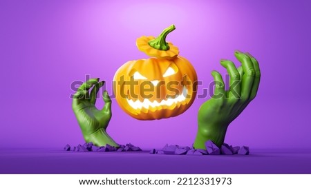 3d illustration, pumpkin jack lantern and scary green zombie hands show out of the ground, Halloween clip art isolated on purple background