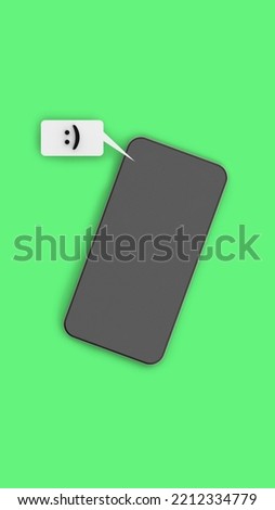 A text message containing a character emoticon. Mobile phone on a green background. View of the gadget from above. Communication between people. Smartphone. Vertical image. 3d image. 3d rendering