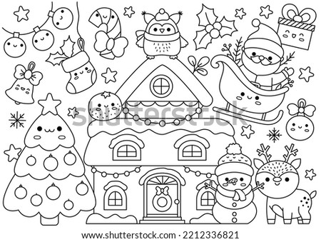 Vector Christmas horizontal line coloring page for kids with cute kawaii characters. Black and white winter holiday illustration with house, snowman, Santa Claus. Funny searching poster
 Royalty-Free Stock Photo #2212336821