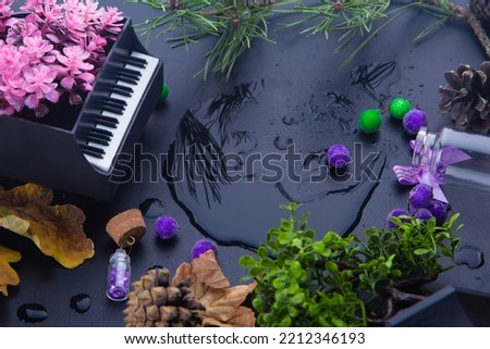 Rainy fall romantic, water drawings. Top view on moon silhouette and drops among autumn leaves, cones, green bush, berries, pink flowers in small piano