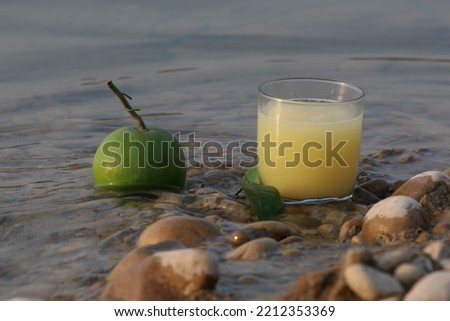 fresh orange juice glass and green orange in fresh water waves and stones