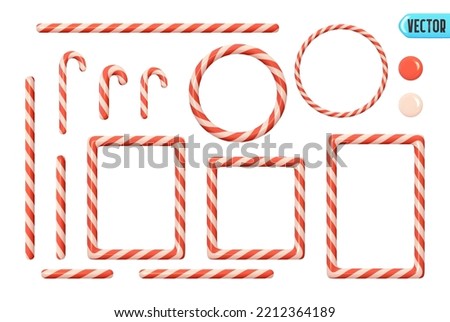 Candy cane Christmas set decorations, square frame, round ring frame, red white straight lines, realistic 3d design. Collection New Year Holiday elements. Xmas Striped candy cane. Vector illustration