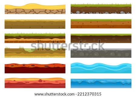 Playing environment: landscape. Ground, soil, water surface, for custom games.  game platform. Vector illustration of earth, sandy lava