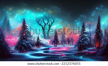 Fantasy magical winter landscape with frozen river and trees digital painting illustration