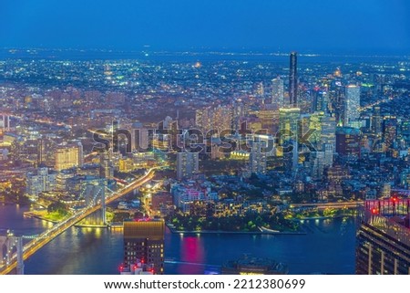 Cityscape of downtown Brooklyn skyline  from Manhattan New York City at sunset  