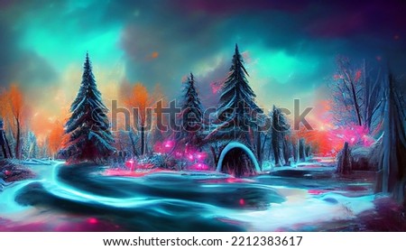 Beautiful fantasy winter landscape with frozen river and trees digital painting illustration