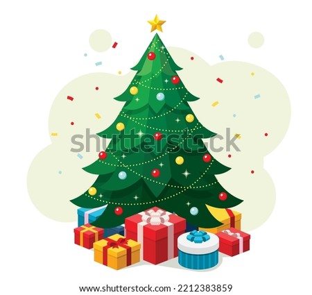 Simple green Christmas tree with colourful presents seasonal theme concept flat design isometric illustration, vector ui interface elements for icon app web banner card isolated on white background